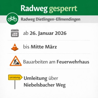 Radweg Dietlingen–Ellmendingen ab 26. Januar gesperrt